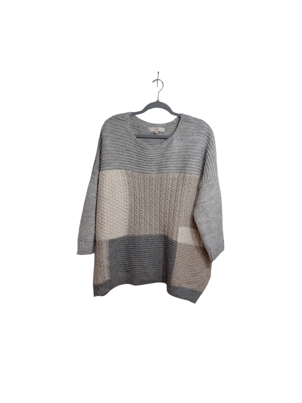 LOFT Patchwork Crewneck Sweater in Gray and Cream